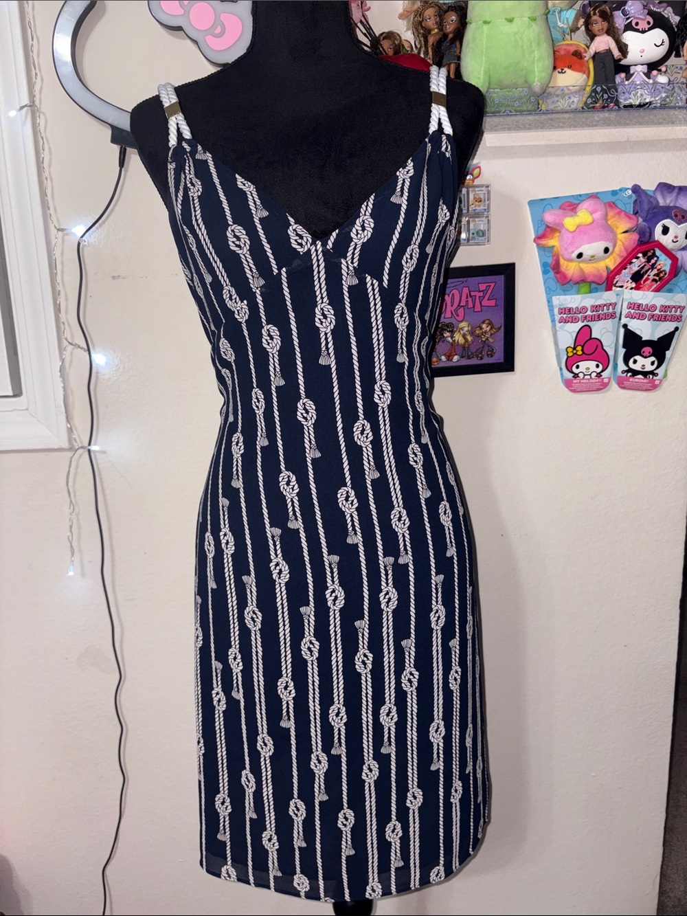 Michael Kors Navy and White Rope-Print Midi Dress